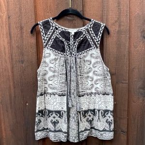 Lucky Brand Large sleeveless top tassels ties embroidery boho